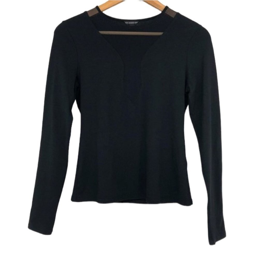 Guess  Black Long Sleeve t-shirt with Mesh mock V-Neck lace Cutout SP